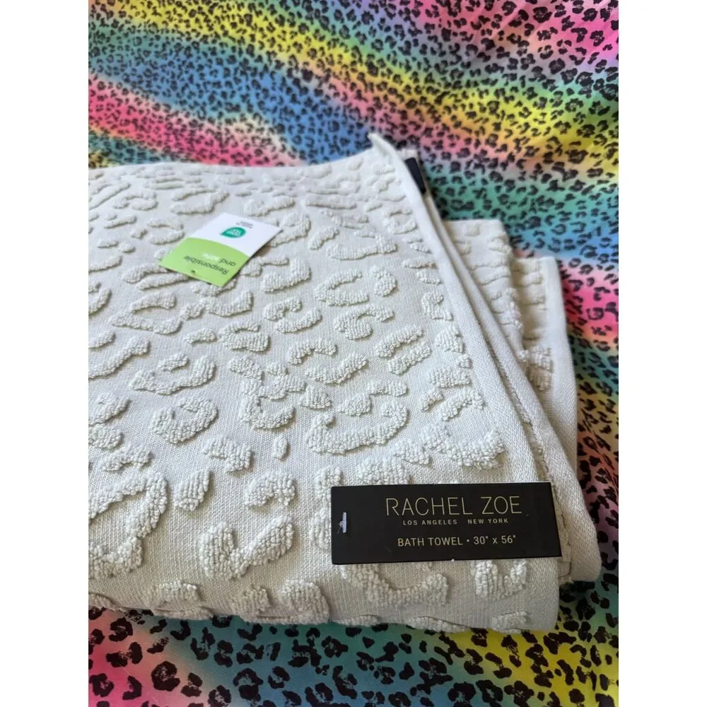 Rachel Zoe Luxe Textured Leopard Bath Towel | Ivory Neutral | NWT